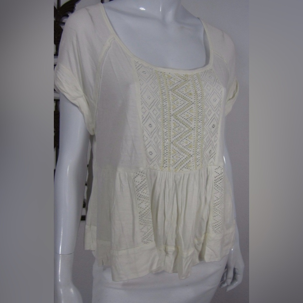 Free People Scoop Neck Shirt Roll Up Sleeve Blouse High Waist S